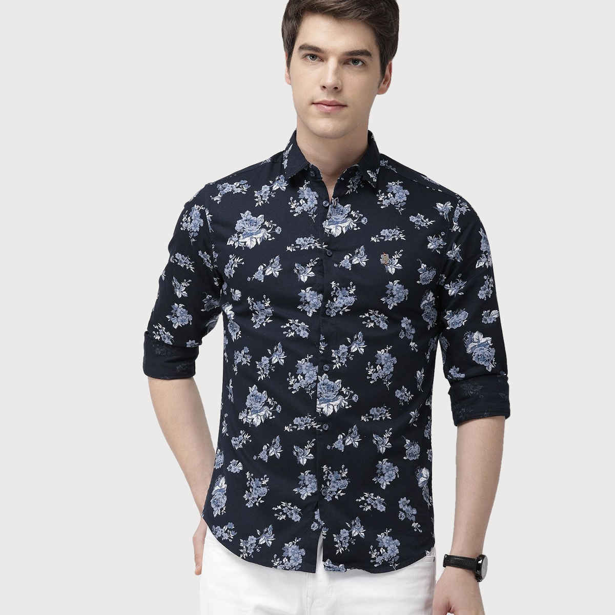 The Indian Garage Co Men's Slim Fit Floral Print Casual Shirt | Navy Blue - M