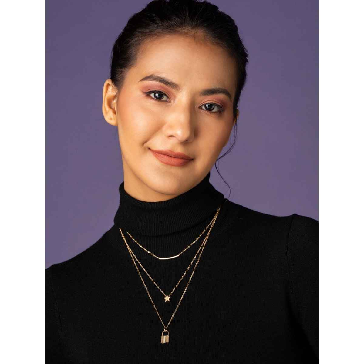 Priyassi Dual-Layered Lock Link Gold-Plated Necklace