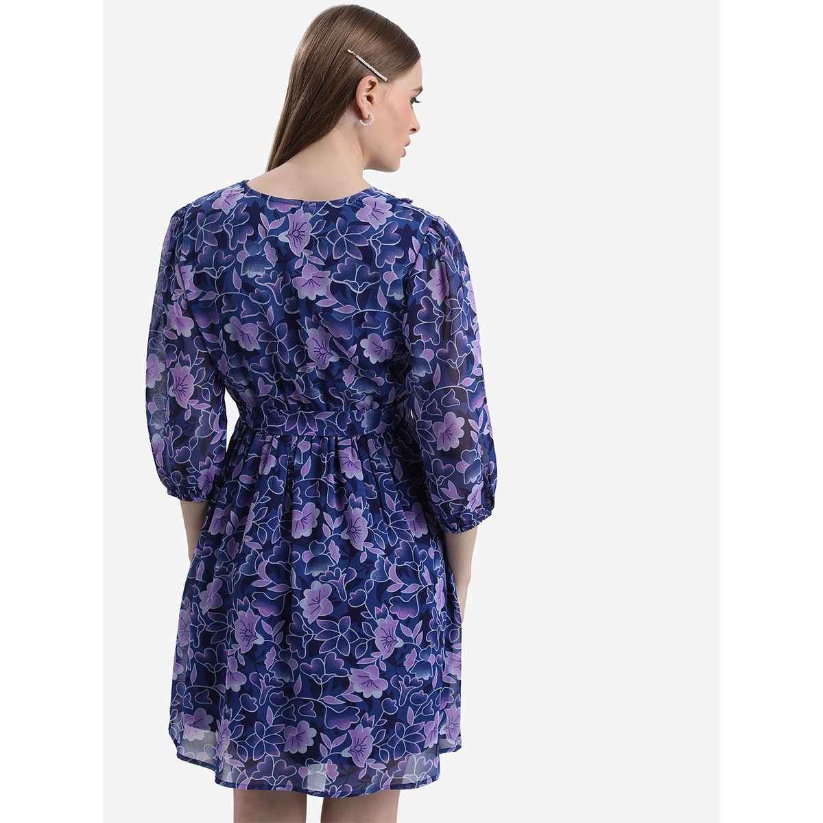 Ketch Women's Floral Printed Puff Sleeves Ruffled Fit & Flare Dress | Blue - L