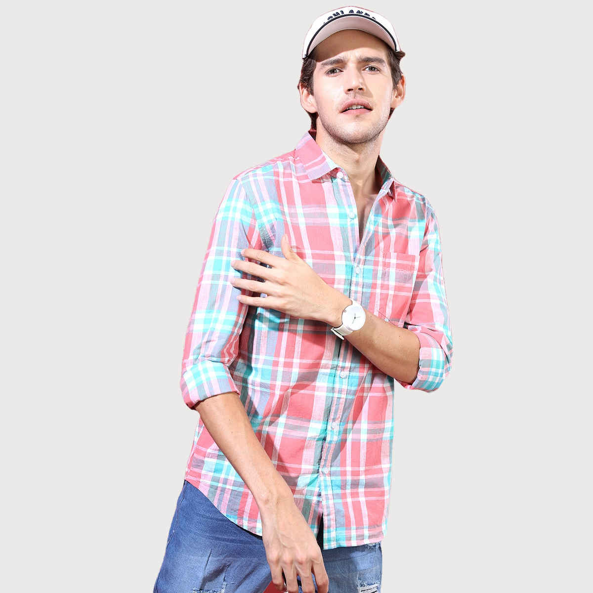 Highlander Men's Slim Fit Checked Casual Shirt - Coral and White | XL