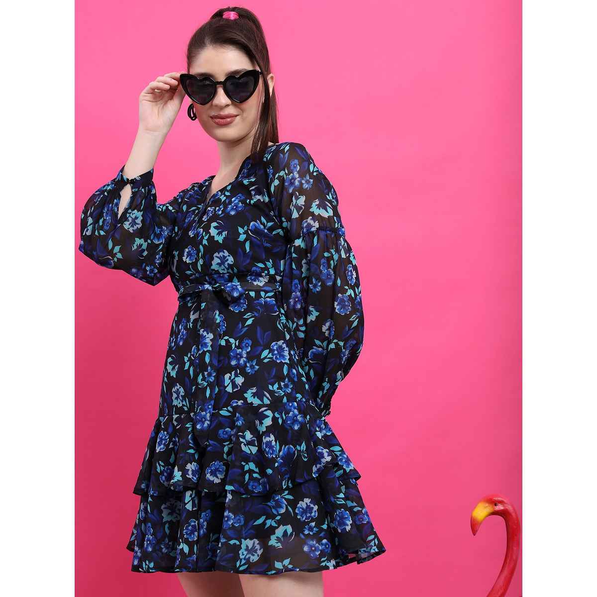 Ketch Women Blue & Black Floral Printed V-Neck Puff Sleeves Layered Fit & Flare Dress | Blue | XL