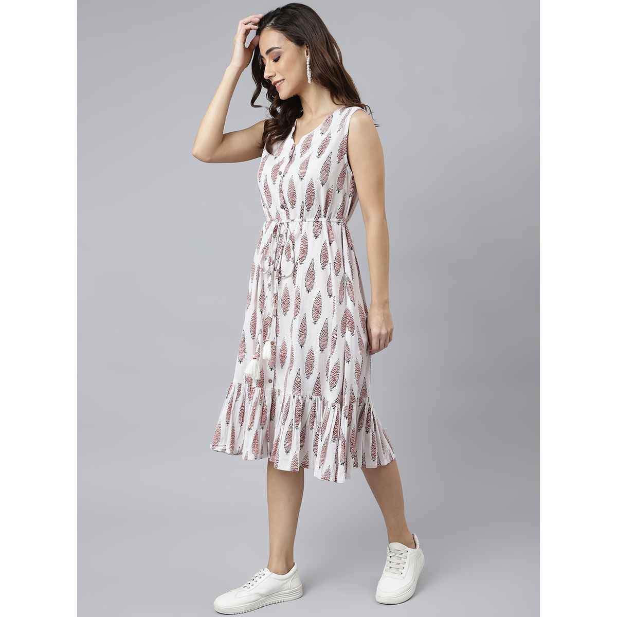 Janasya Women s White Pure Cotton Ethnic Motifs Flared Western Dress - JNE3942-DR - M