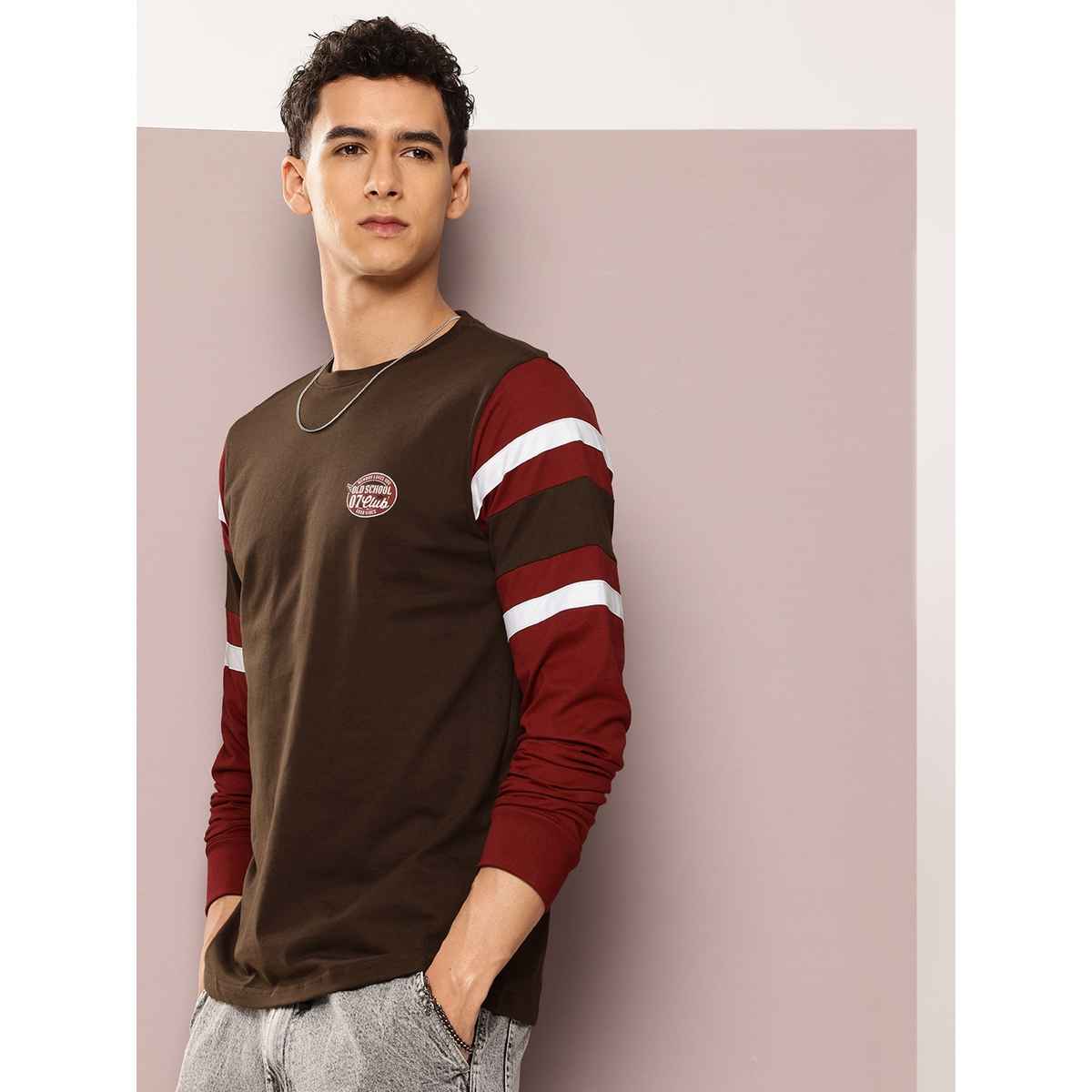 Dillinger Men's T-shirt Long Sleeve Colourblocked Striped Typography | Brown - S
