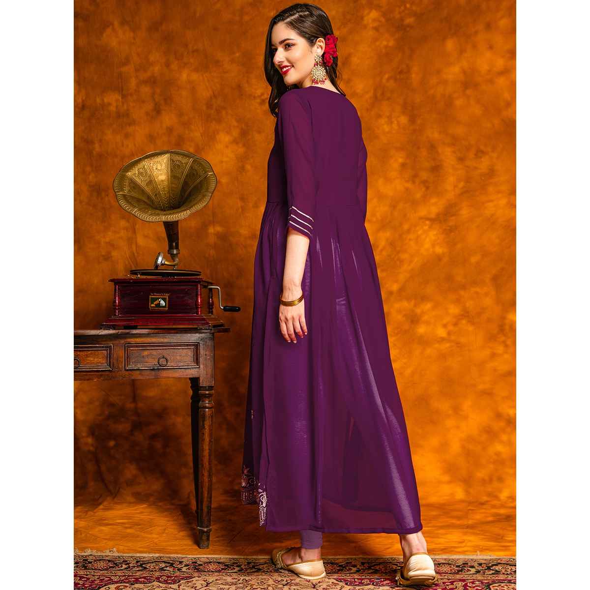 Youthnic Ethnic Motifs Embroidered Lace Work Naira Cut Kurta | B44 - Rimjhim Wine | L