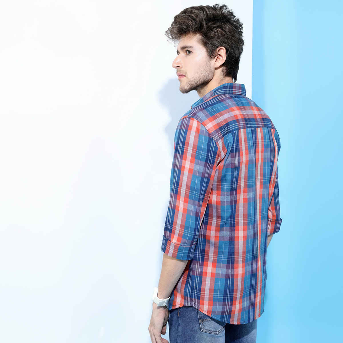HIGHLANDER Men's Slim Fit Checked Casual Shirt | Blue and Orange - S