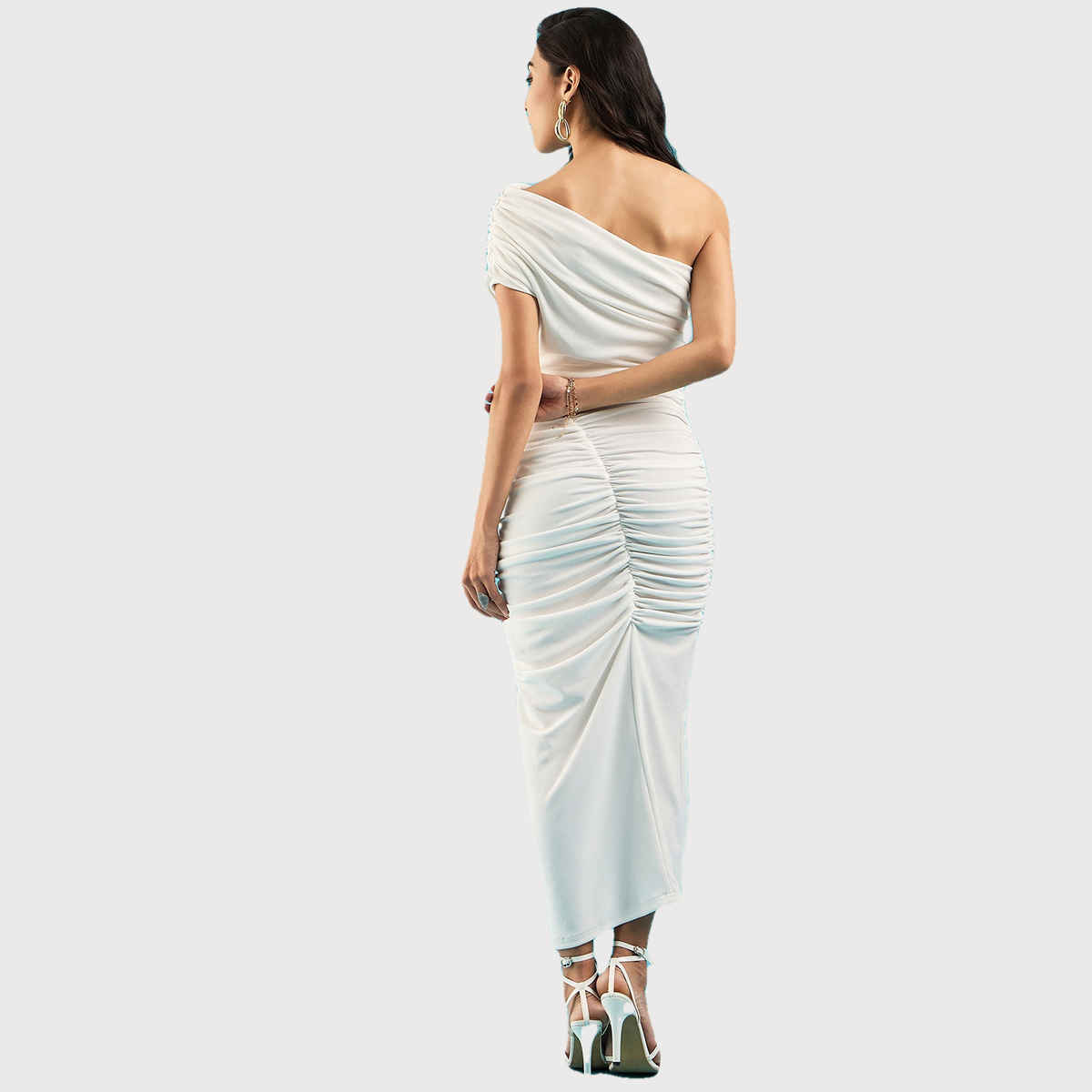 Uptownie Women's Stretchable One Shoulder Ruched Dress | 120018693 | White - S