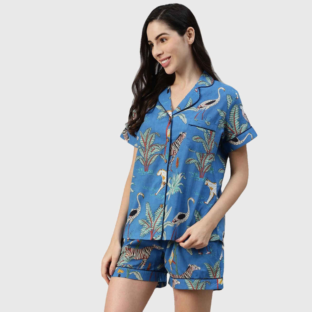 Divena Cotton Quirky Print Women's Night Suit | DK0216 | Teal Blue - M