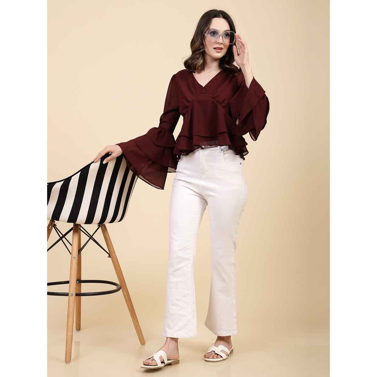 Freehand Women's Fit and Flare Solid Casual Ruffled Top | Maroon | L