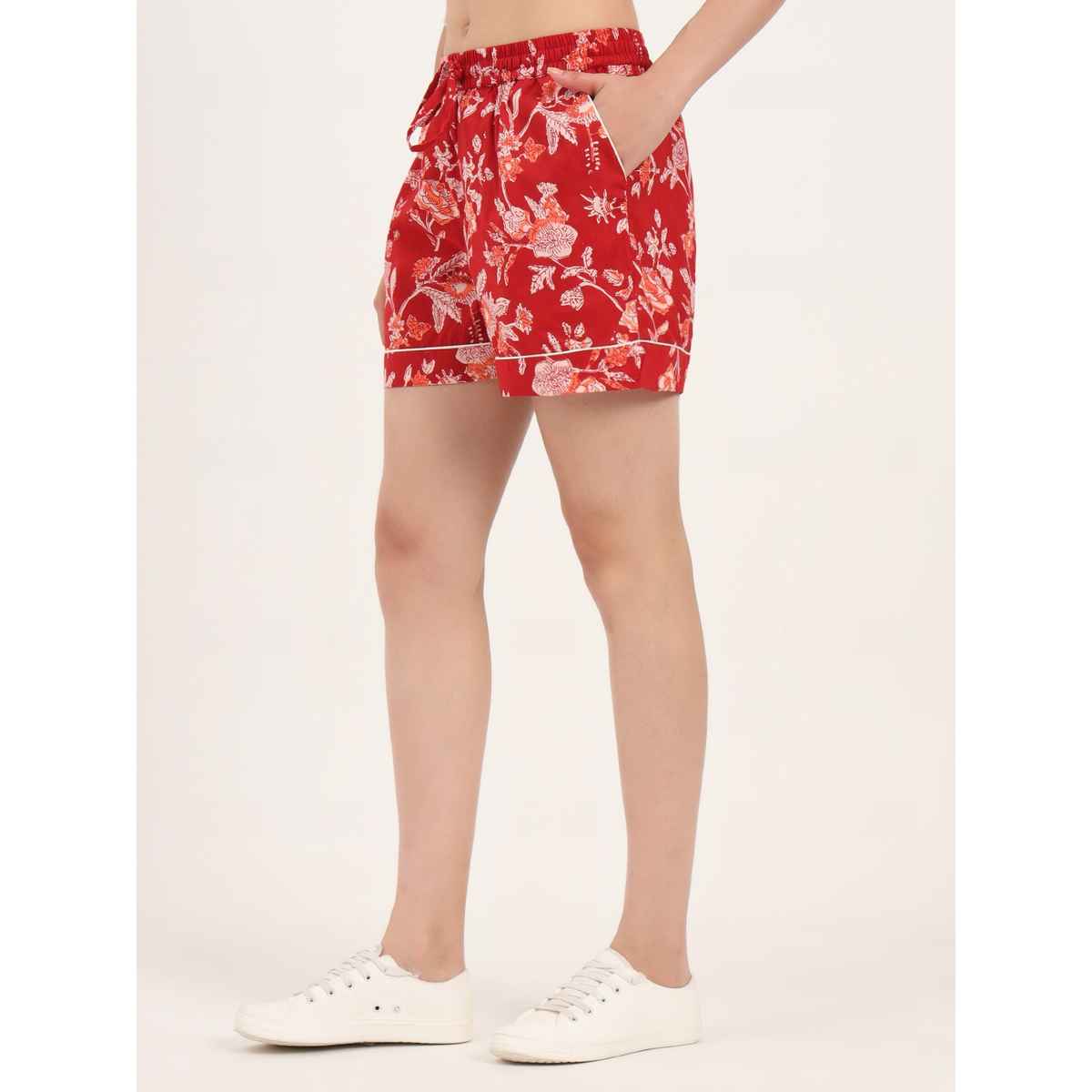 Divena Red Floral Print Cotton Shorts for Women | DK0256 - M