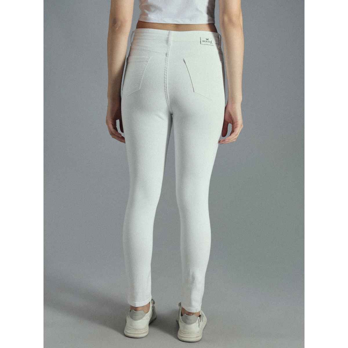 High Star Women's Skinny Fit High-Rise Slash Knee Stretchable Jeans | White - 28