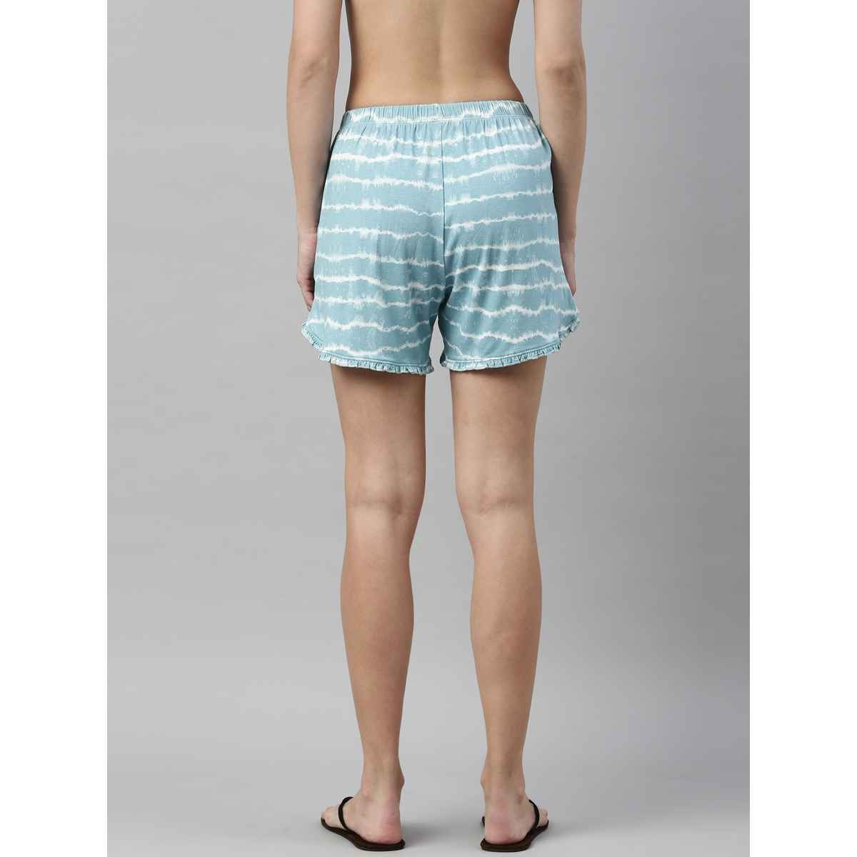 Enamor Essentials EC14 Women s Viscose Printed Ruffled Trim Tee And Shorts Set | Bali Green | S