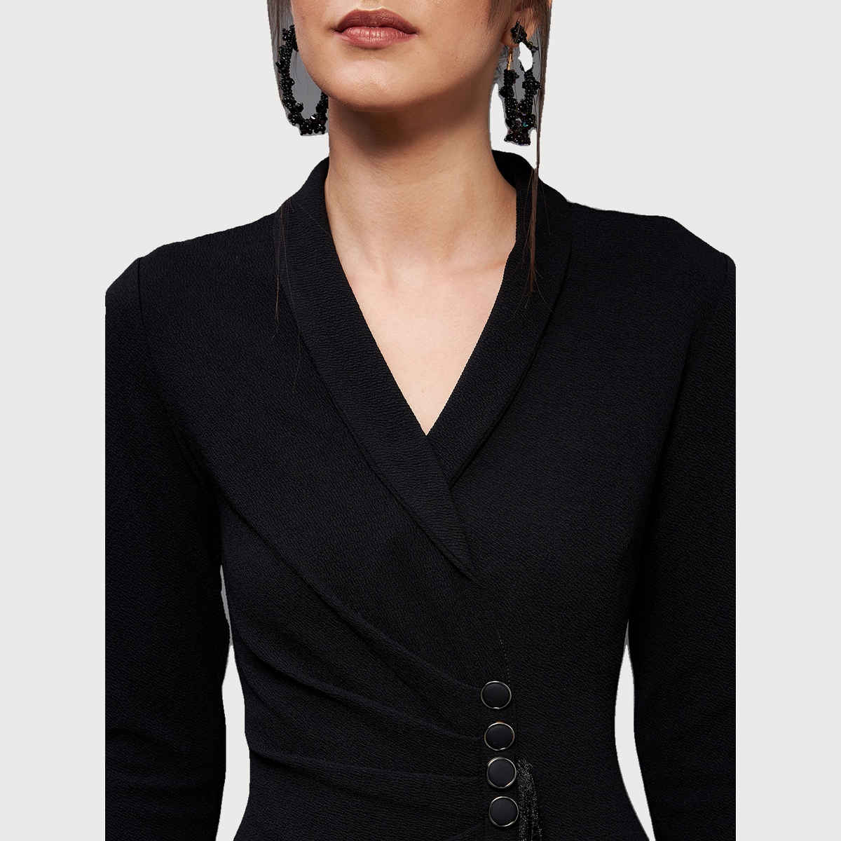 Miss Chase Women Black Solid Collared Neck Full Sleeve Polyester Bodycon Knee Length Dress | Black | L