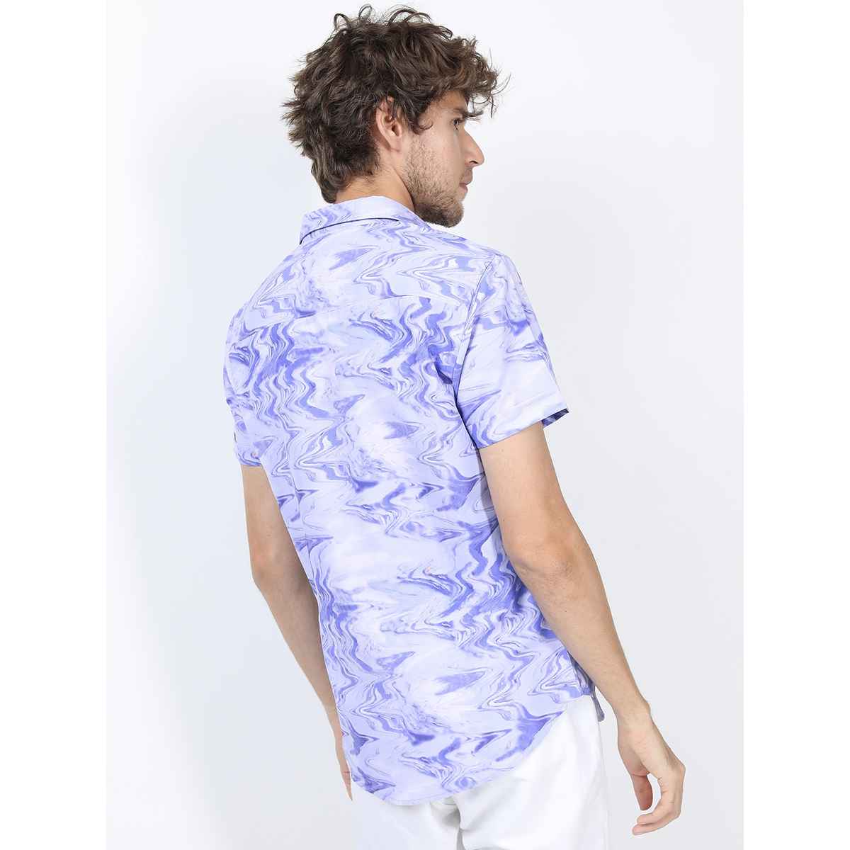Highlander Men's Slim Fit Printed Casual Shirt - Lavender and Blue | M