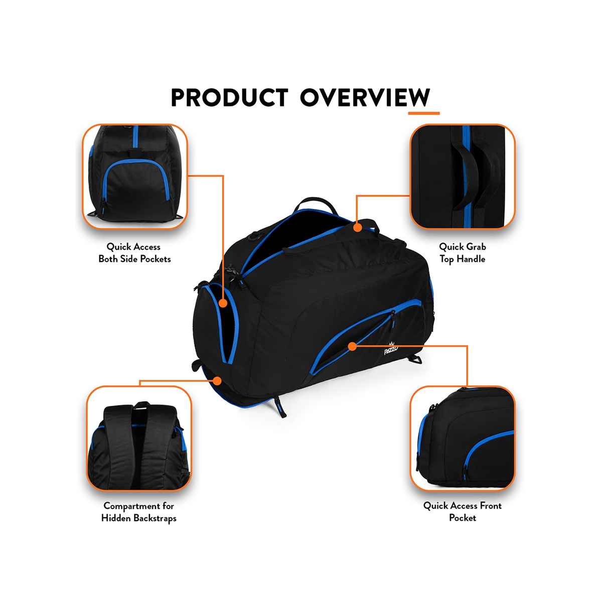 Pazzo Jake 50L Duffel Bag | 3-in-1 Gym | Travel & Backpack | Convertible with Spacious Storage