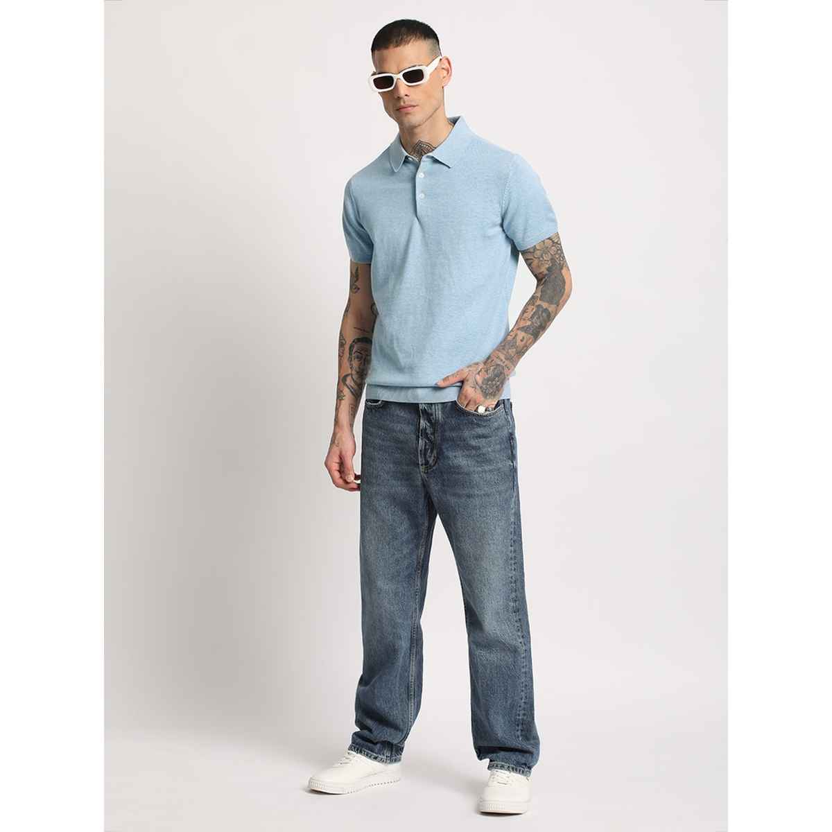 THE BEAR HOUSE Men's Solid Regular Fit Polo Collar T-shirt | POL-IRON-BL | Blue - M