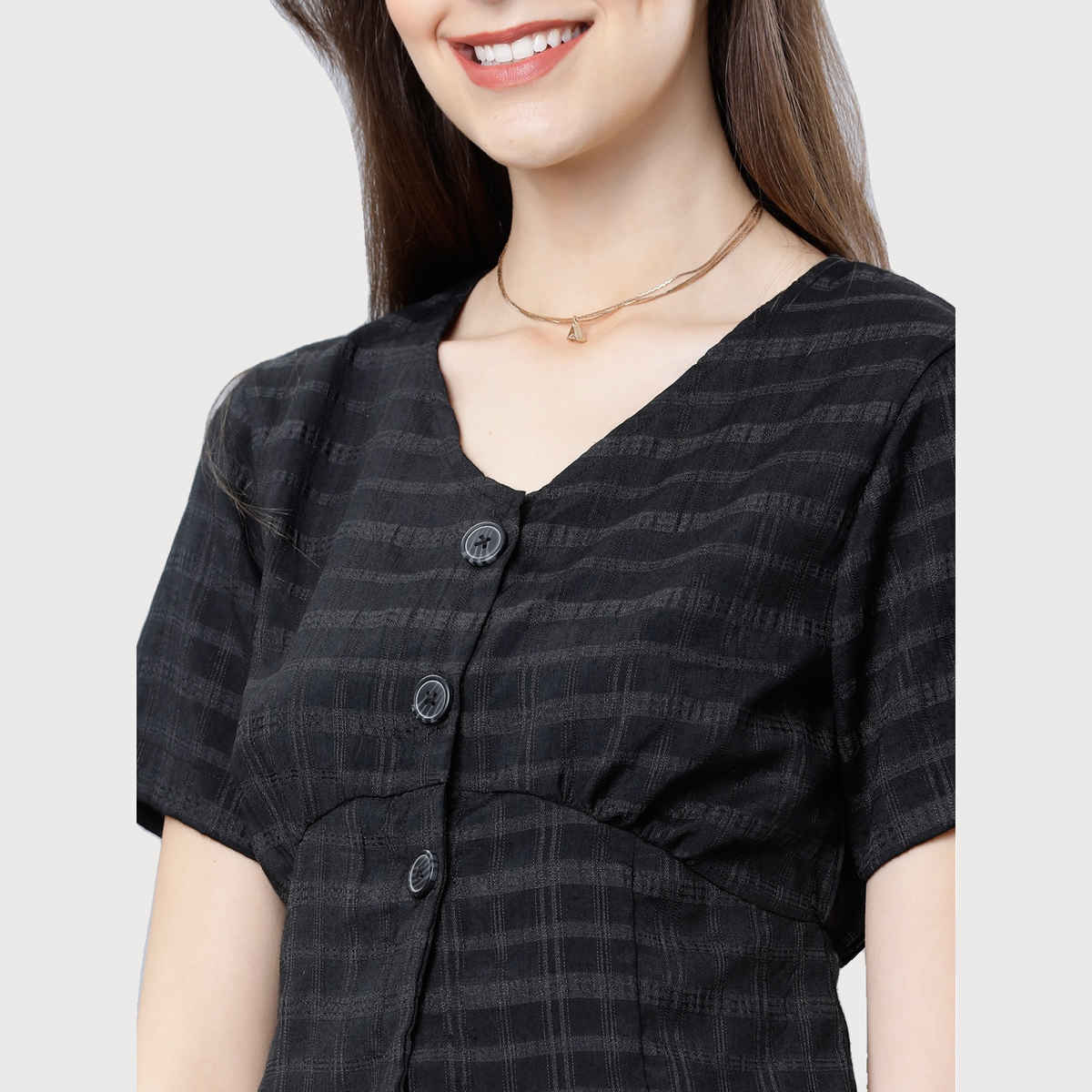 Tokyo Talkies Women's Checked Crop Empire Top | Black - S