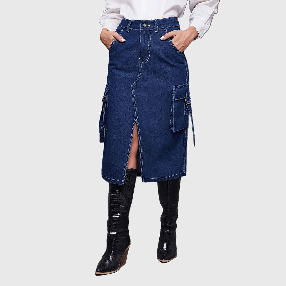 Miss Chase Women s Timeless Enigma Cargo Midi Skirt Navy Blue | 34