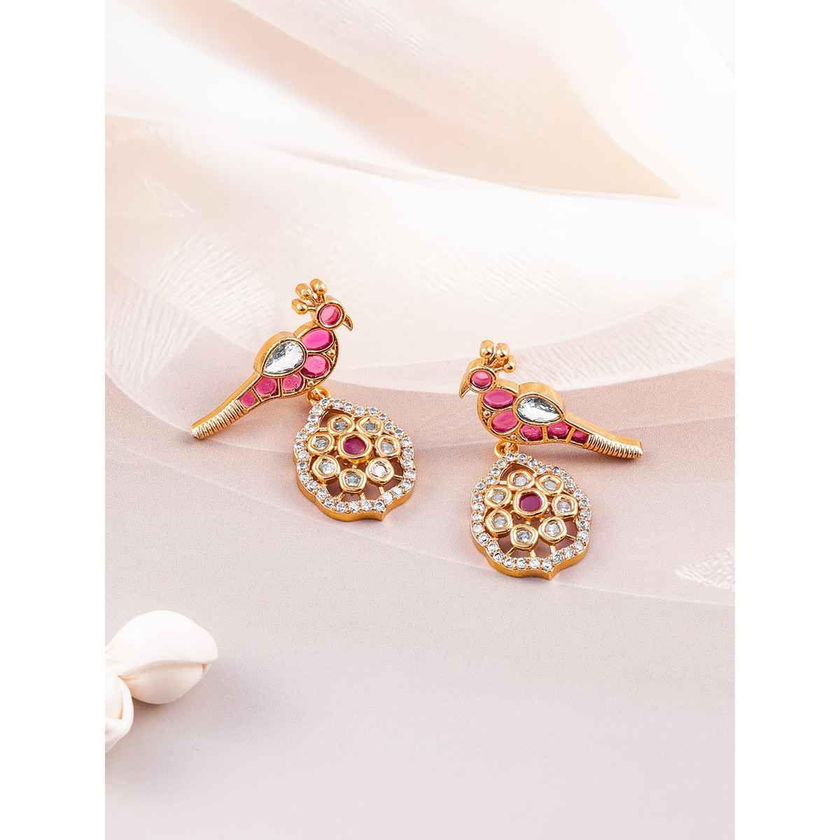 Rubans 22K Gold-Plated Ruby & Kundan with Zicronia Studded Peacock Design Necklace Set