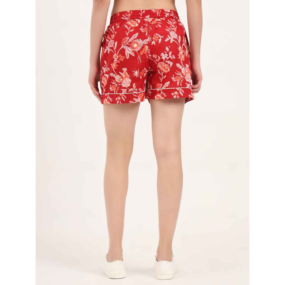 Divena Red Floral Print Cotton Shorts for Women | DK0256 - L