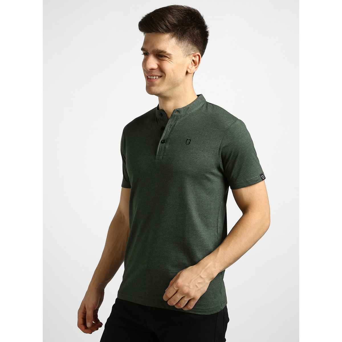 Urbano Fashion Men's Slim Fit Solid Mandarin Collar Half Sleeve Cotton T-Shirt | Green Melange - XL