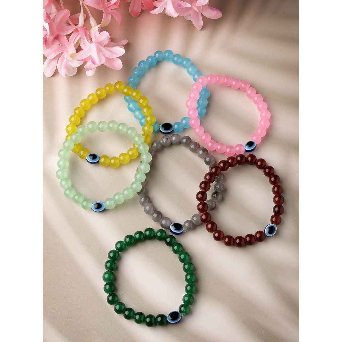 NVR Unisex Set of 7 Crystals Beaded Evil Eye Elasticated Bracelet | NVR2292