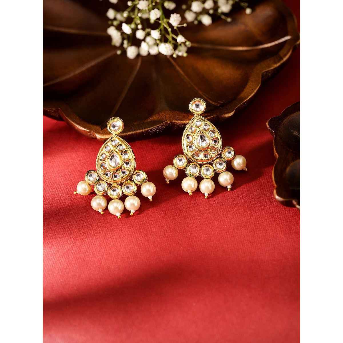 Priyaasi Gold Plated Pearl Beaded And Ad Studded Contemporary Drop Earrings