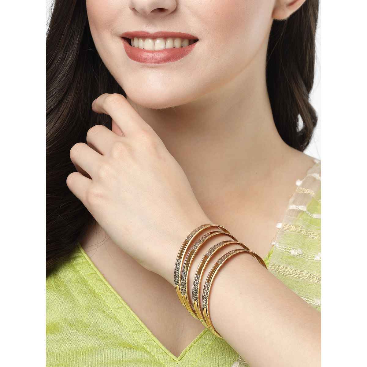 NVR Women's Set of 4 Gold-plated Cz-studded Traditional Bangles | NVR2413-S