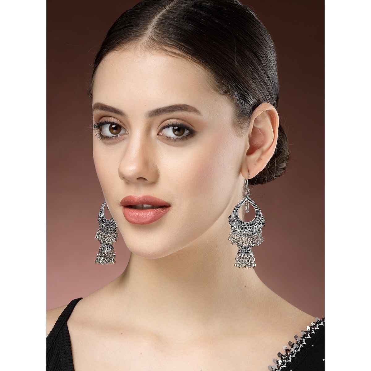 NVR Women's Silver-plated German Silver Oxidized Jhumka Earrings | NVR2679
