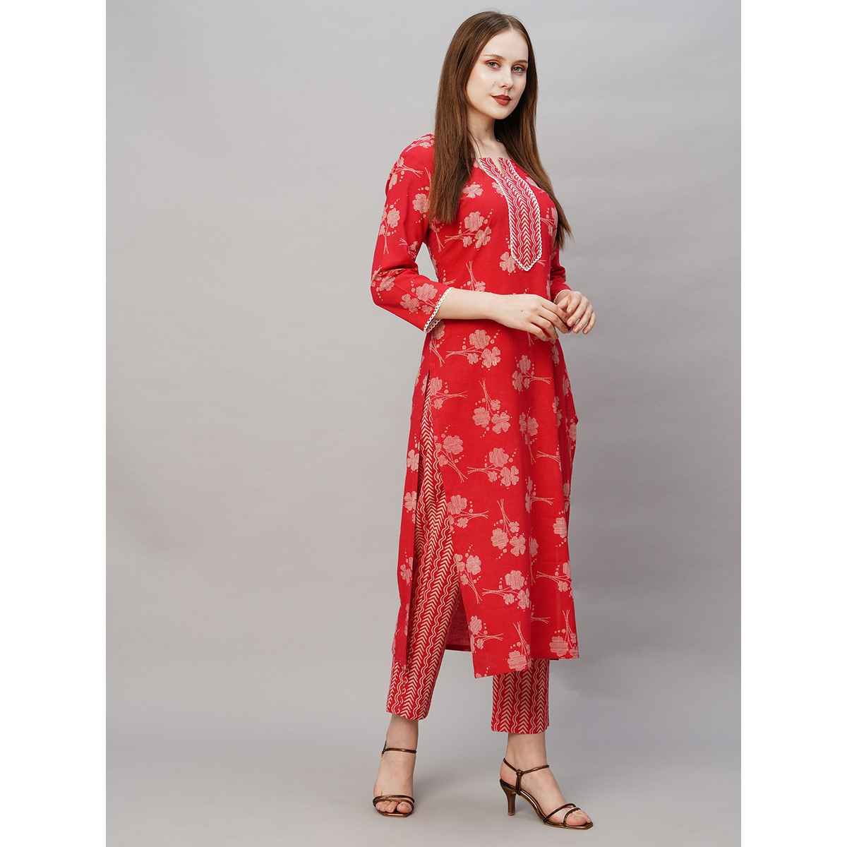 GoSriKi Women's Viscose Rayon Straight Printed Kurta with Pant | Red - L