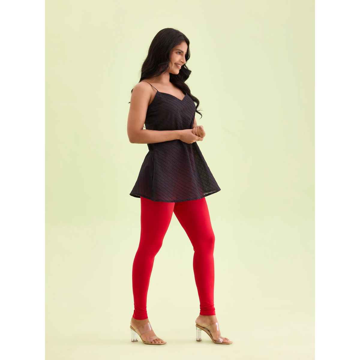 Go Colors Women's Solid Mid Rise Ankle Length Leggings | Dark Red - S