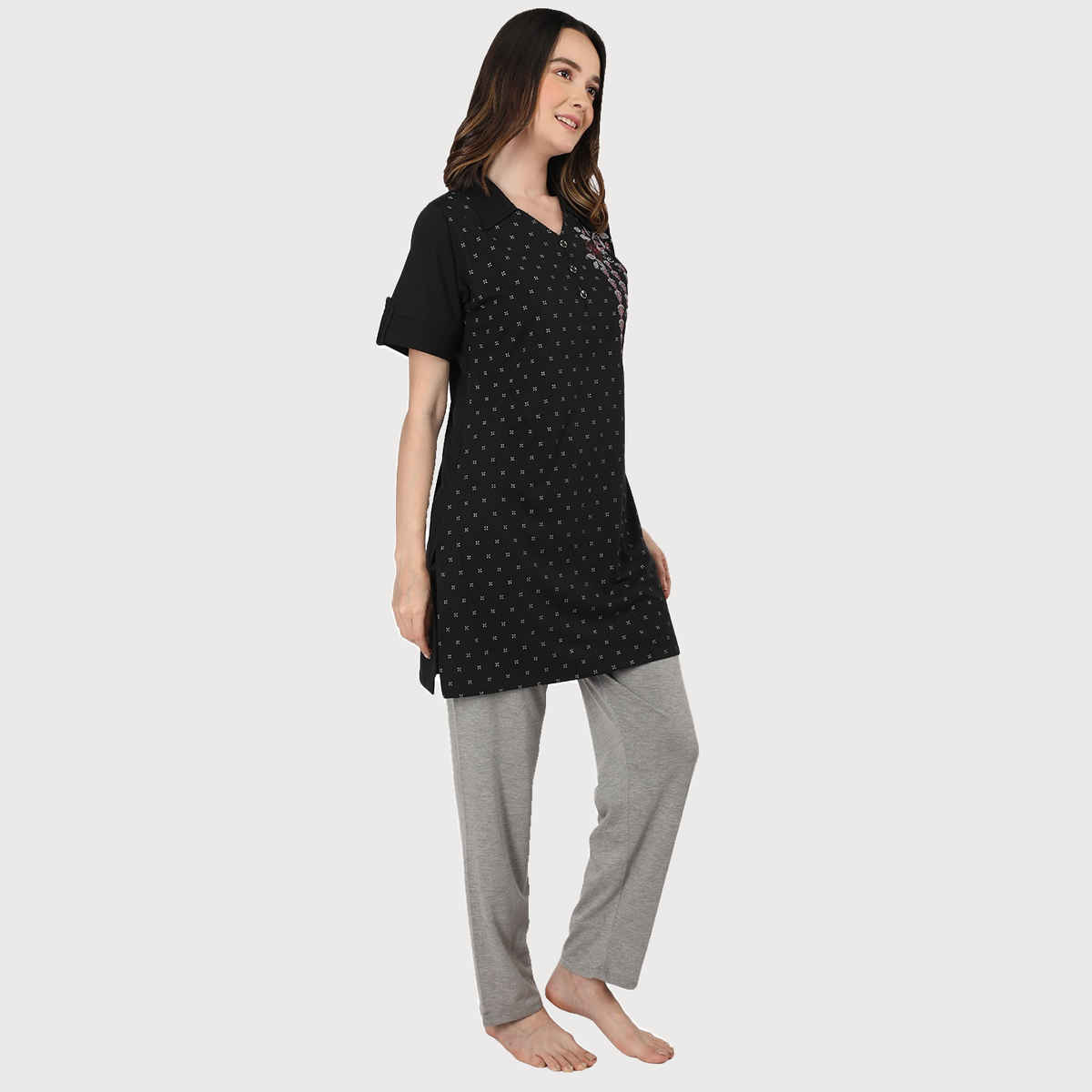 Duchess Women s Cotton Regular Fit Printed-Embroided Long Night Suit Set | Black | 3XL