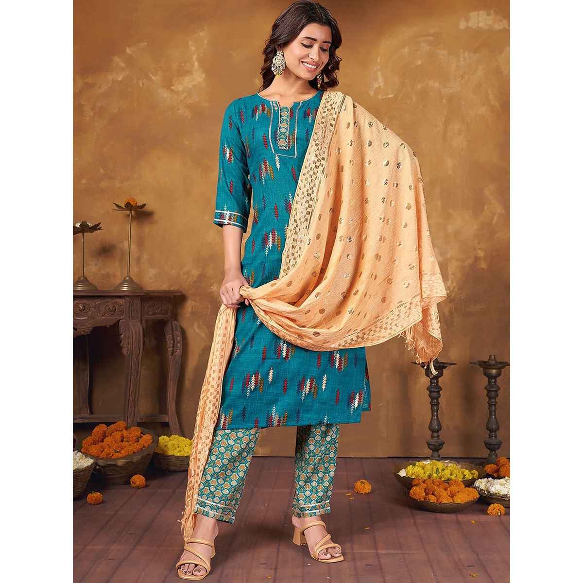 Anubhutee Women's Ethnic Wear's Silk Blend Straight Kurta Set with Dupatta | Blue - M