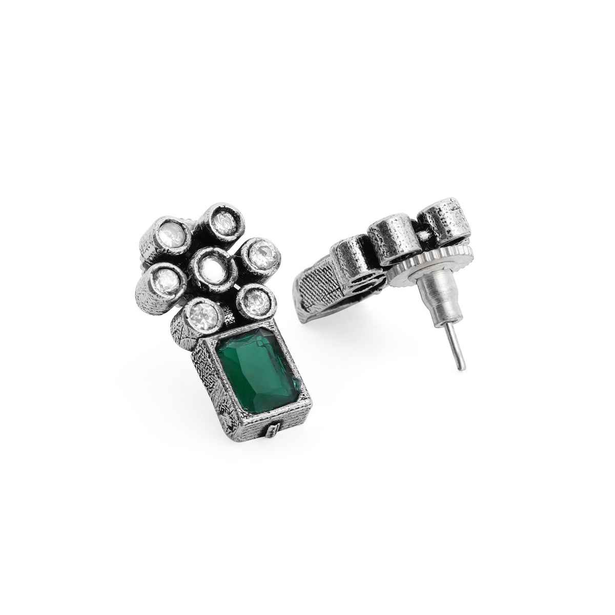 Rubans Oxidised Silver-Plated Emerald Green & Zirconia Stone Studded Floral Necklace Set