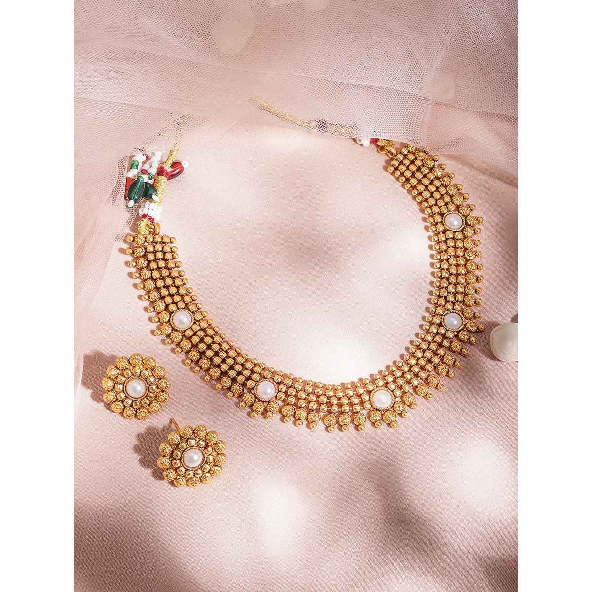 Rubans 22K Gold-Plated White Pearl Studded Traditional Choker Necklace Set with Gold Beads