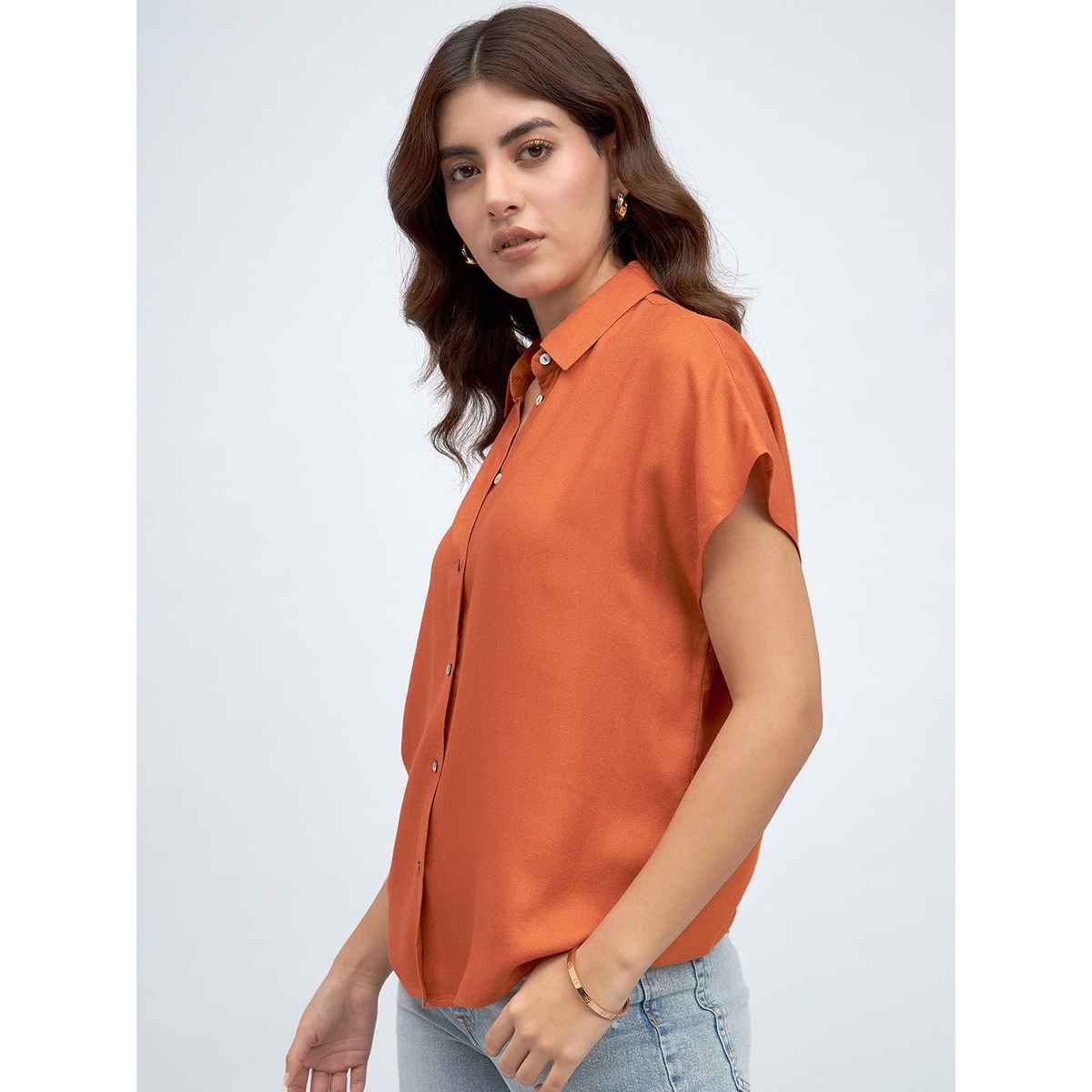 DL Women's Extended Sleeves Oversized Boxy Casual Shirt | DLWSHW23006 | Orange - S