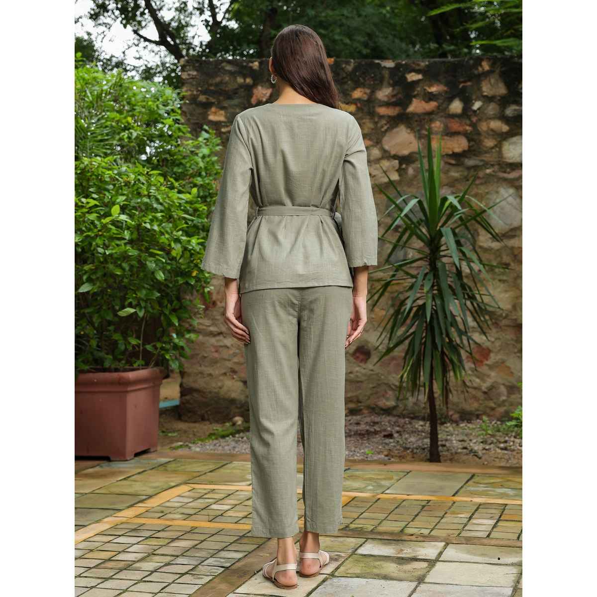 Sanskrutihomes Pure Cotton Long Sleeves Top & Trouser Co-Ord | Women | Olive | XXL