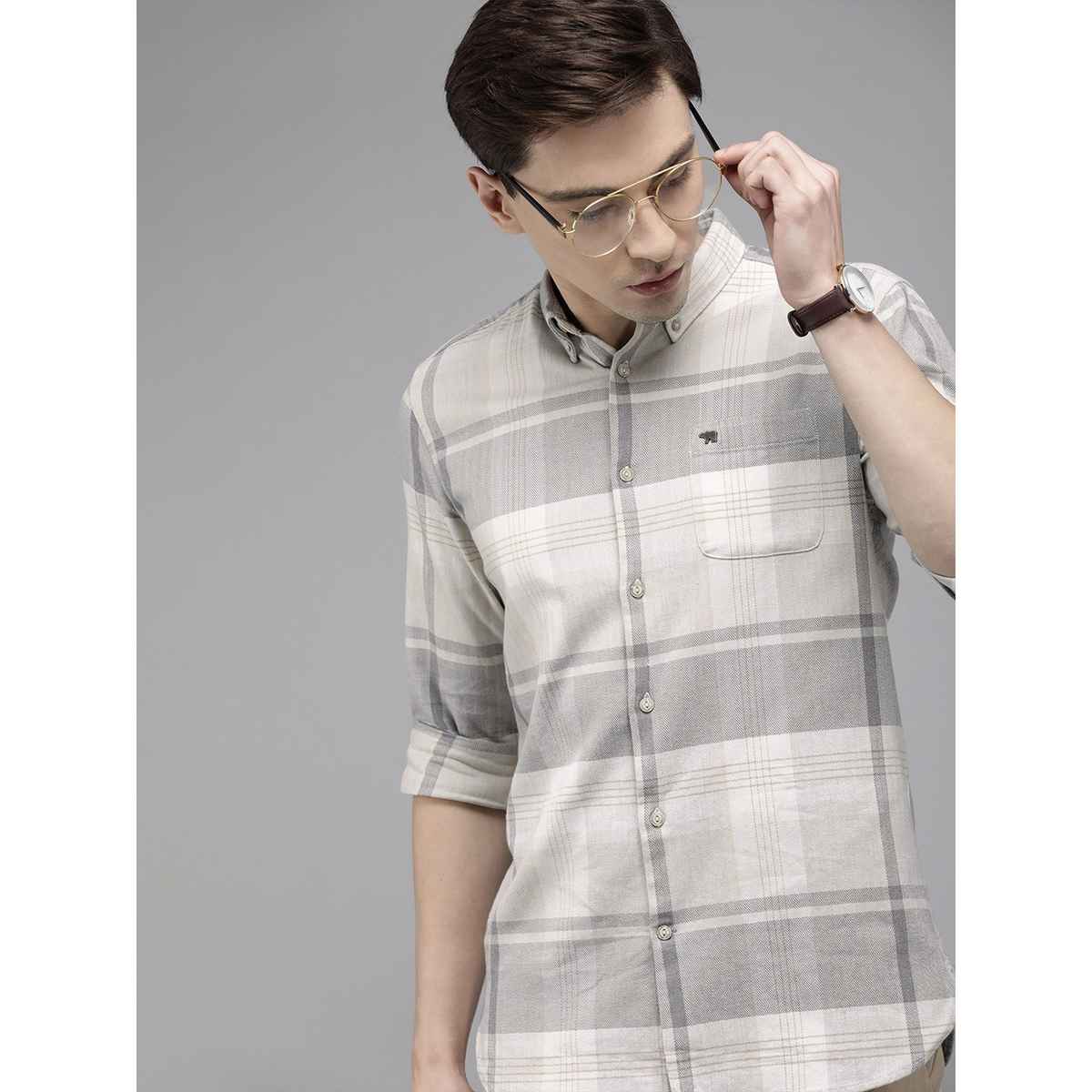 The Bear House Men Slim Cream & Grey Checked Shirt Style-Amber Color -Cream Size - XXL