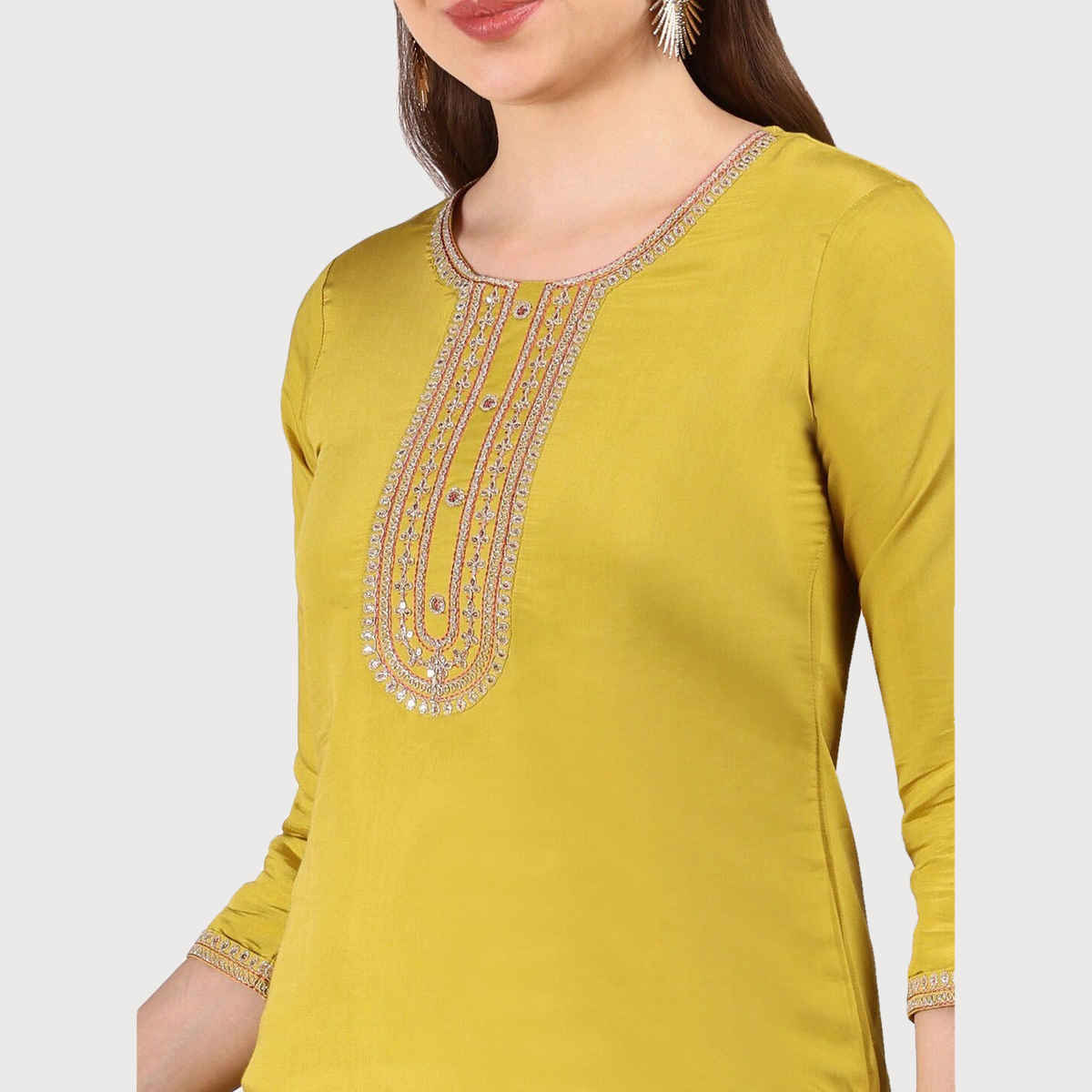 Ishin Women Kurta Set with Dupatta | INWSDS24158 | Yellow Viscose Silk - L
