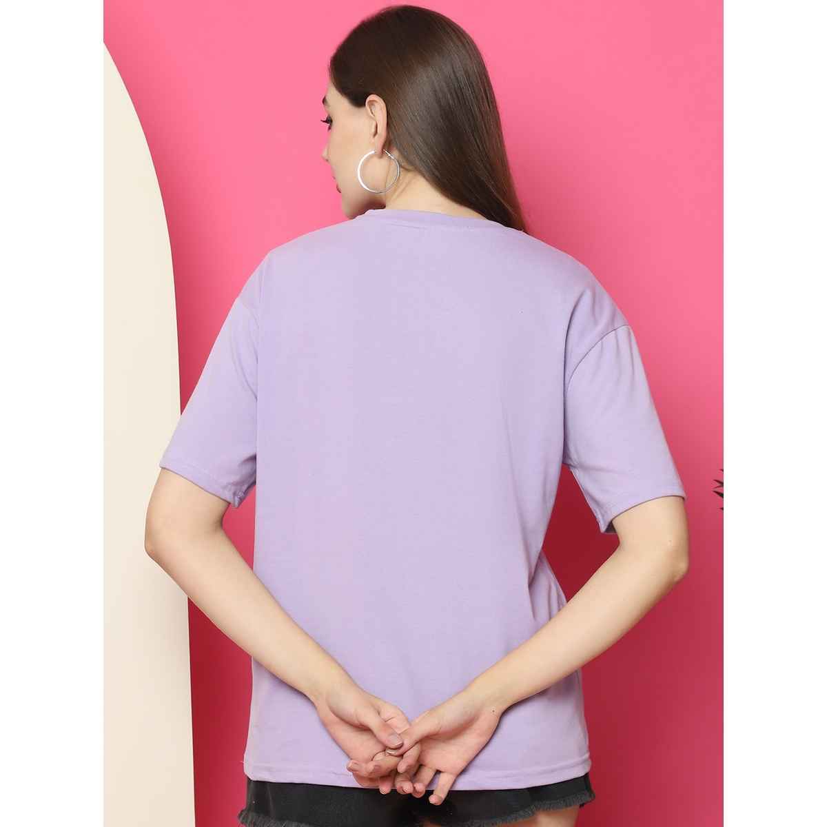 Fabflee Women Oversize Cotton Printed Round Neck Tshirt | Purple | FAB-OS-517 | S