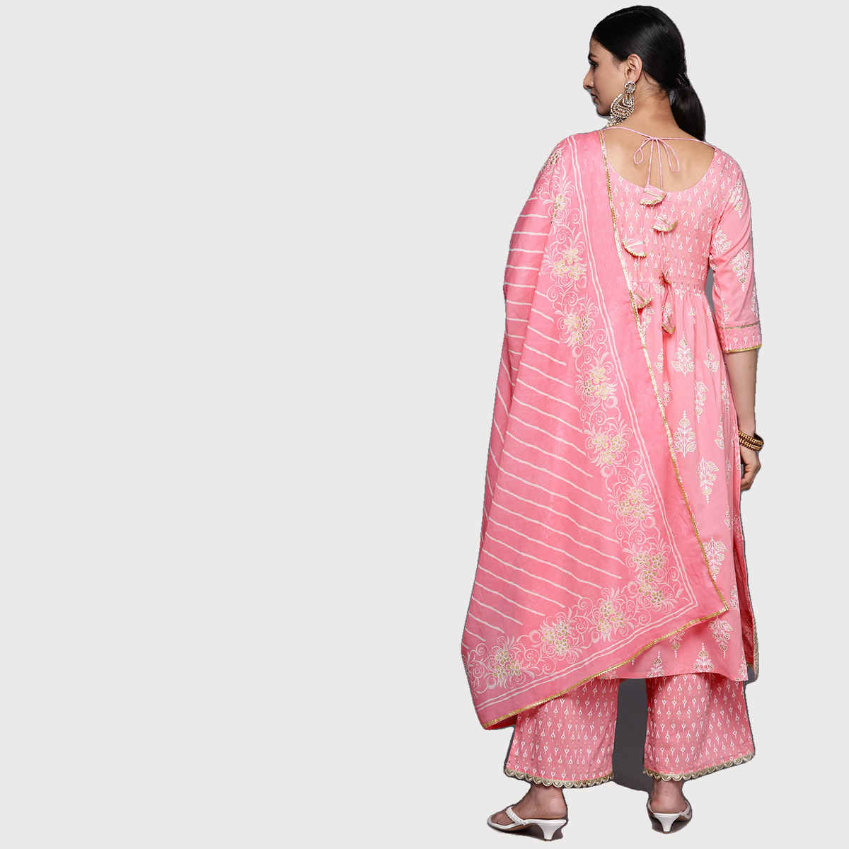 Libas Women Pink Zari Work Yoke & Tassels Detail A-Line Kurta With Palazzos & Dupatta - 34251S