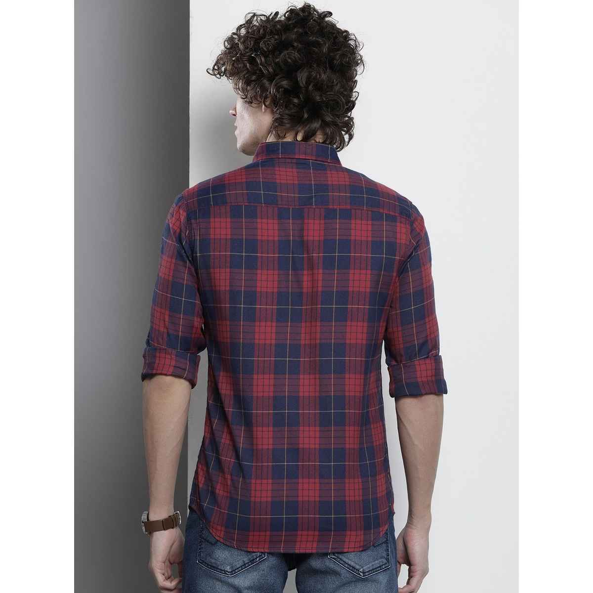 The Indian Garage Co Men's Regular Fit Checkered Casual Shirt | Navy - L