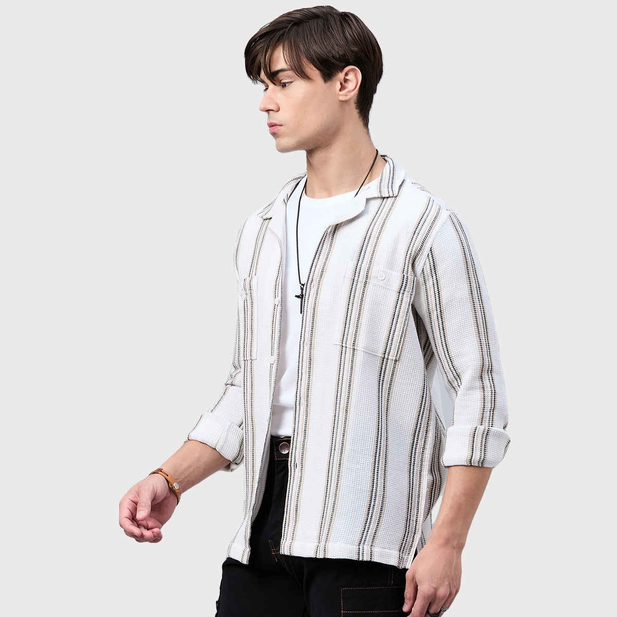 Style Quotient Mens Stripe solid Shirt | M | SS24SQHENCHMEN - Off-White