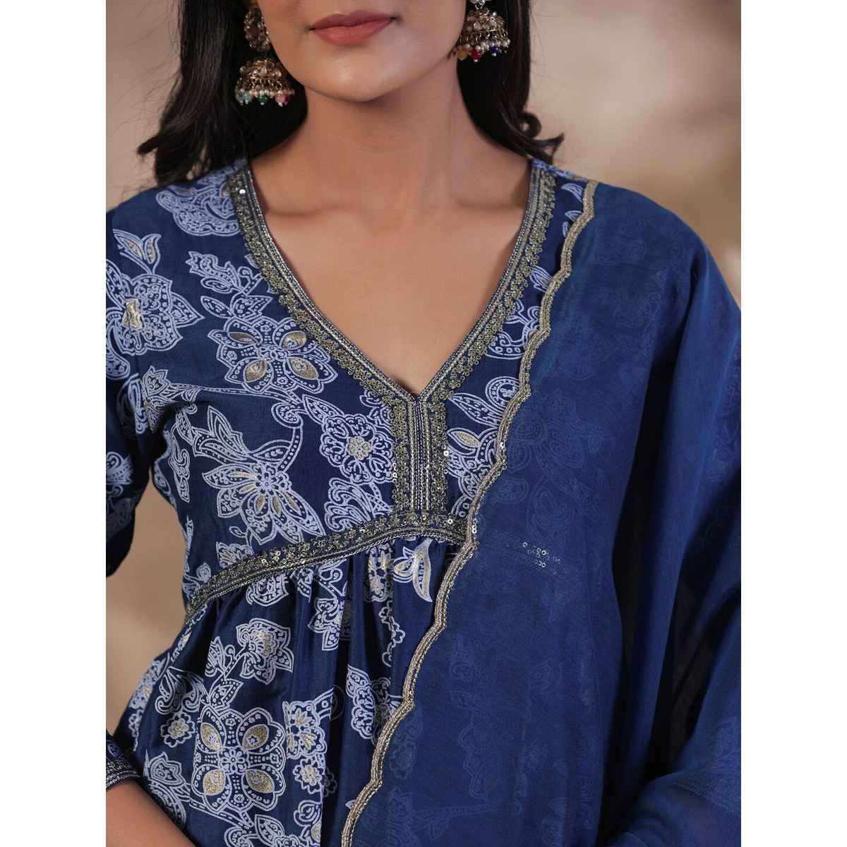 Ishin Women Straight Ethnic Poly Silk Kurta Set | INWSDAW231152 | Navy - XL