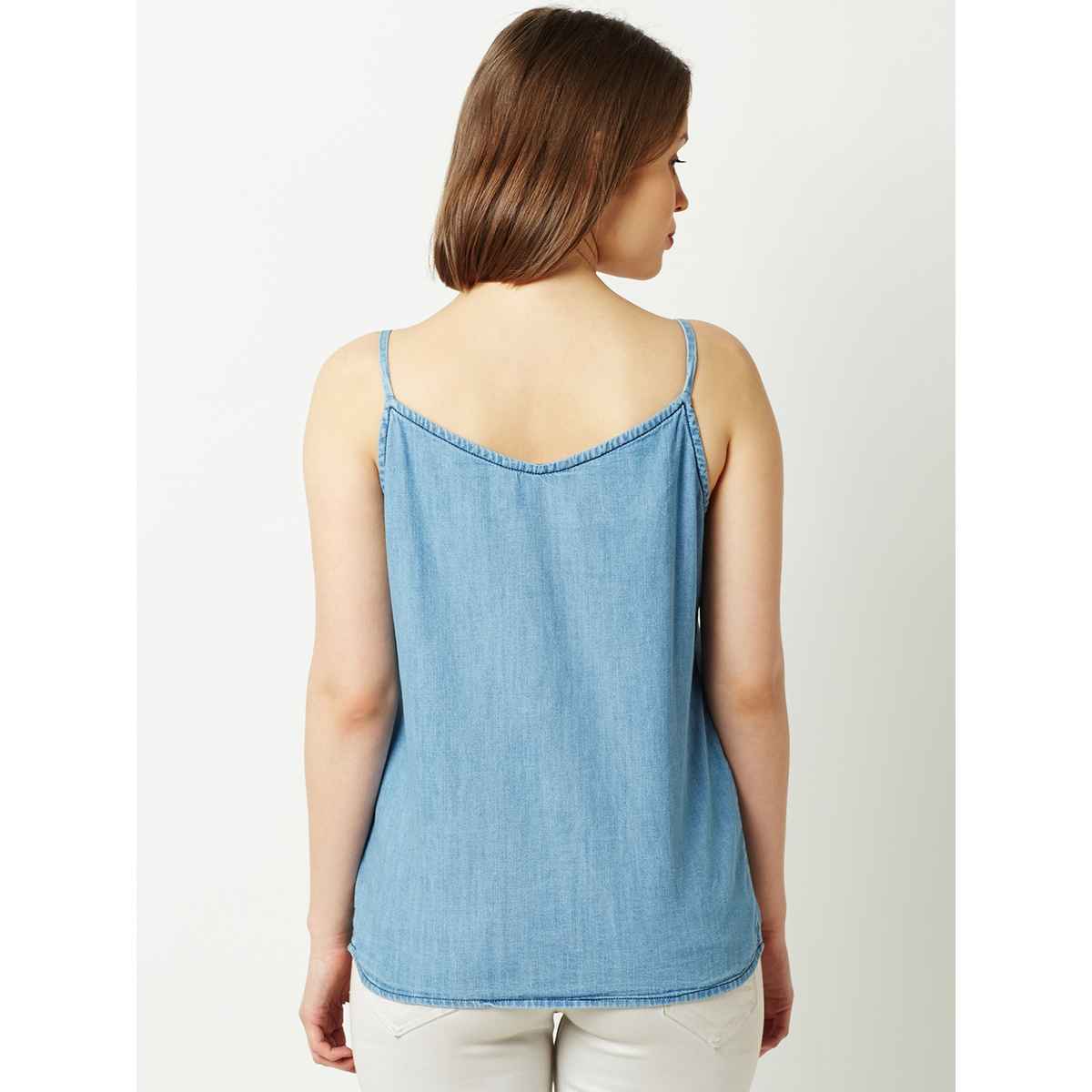 Miss Chase Women V Neck Sleeveless Cotton Solid Denim Spaghetti Top | Light Blue | XL