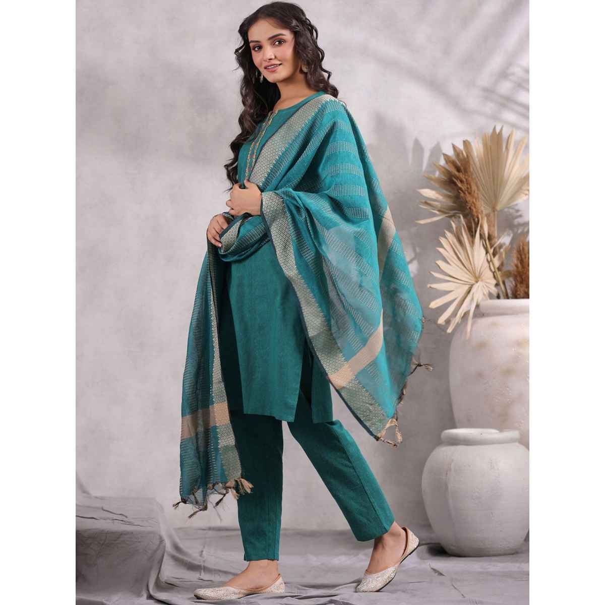 Anubhutee Women's Ethnic Wear Cotton Blend Straight Kurta Set with Dupatta | Green - M