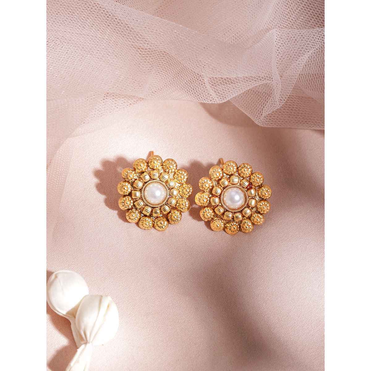 Rubans 22K Gold-Plated White Pearl Studded Traditional Choker Necklace Set with Gold Beads