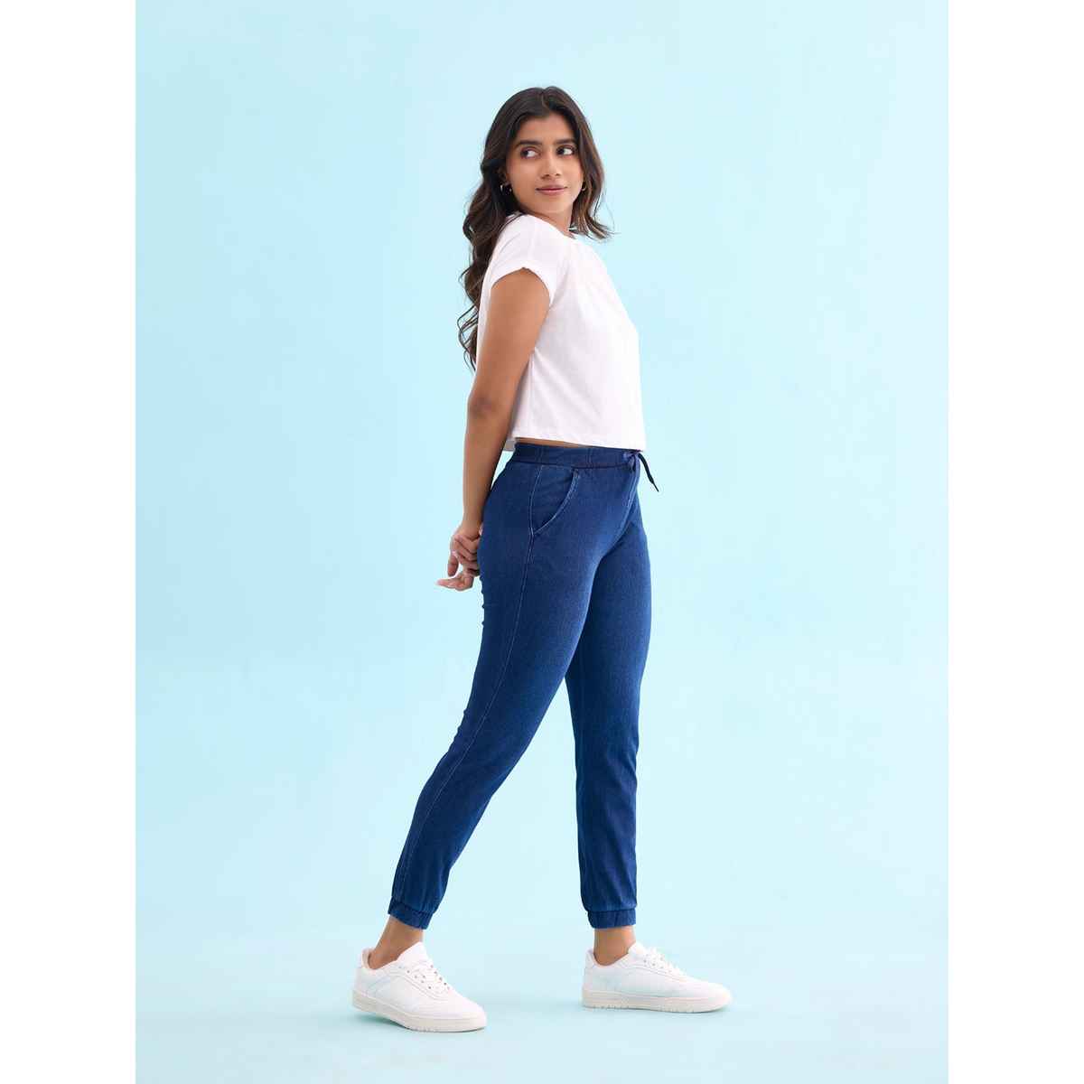 Go Colors Women's Solid Denim Joggers | LJ07 | Blue - XL
