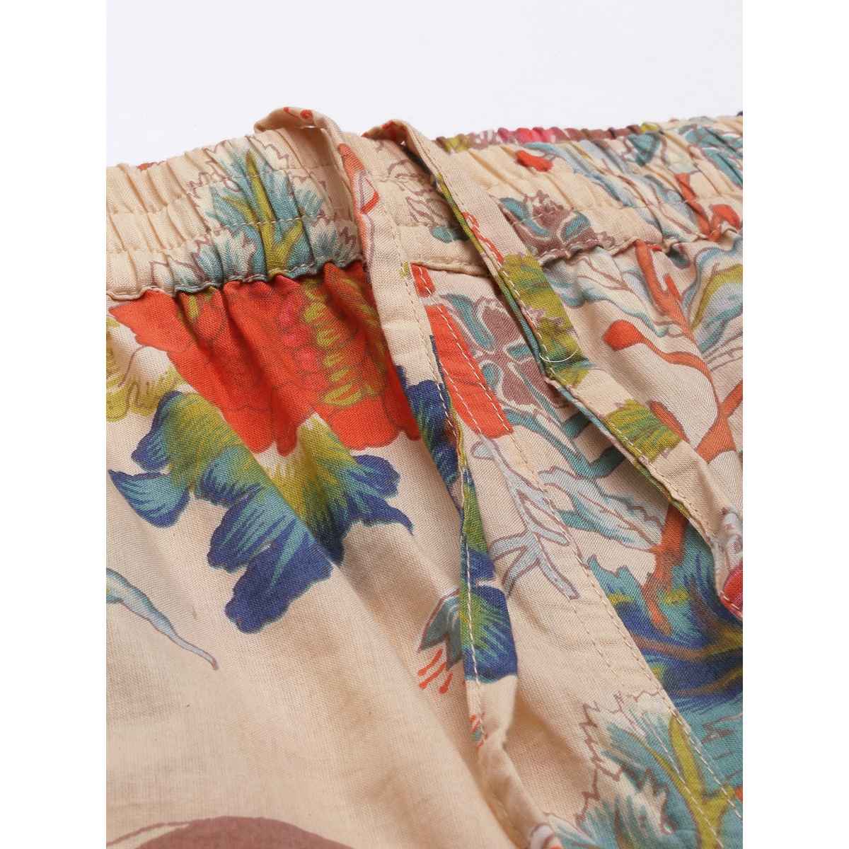 Sanskrutihomes Women Beige Pure Cotton Floral Print Pyjama | Set - S