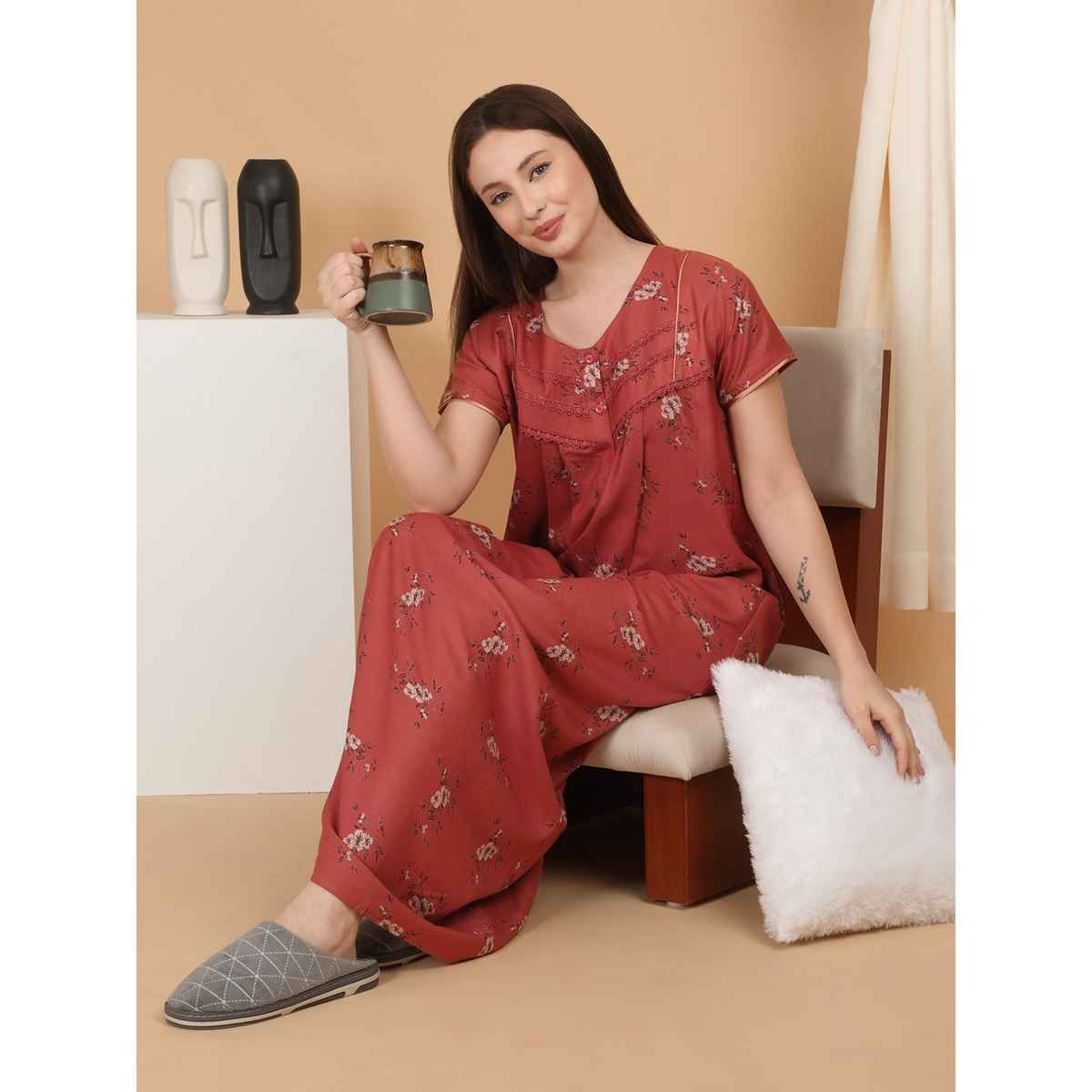 Sweet Dreams Women Printed Night Dress - L | Ocw | 3979 Rose