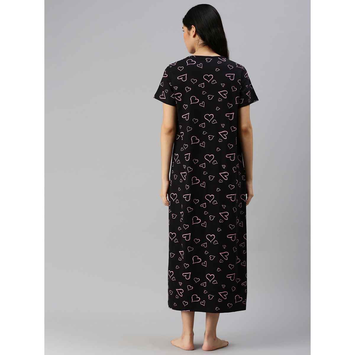 Kryptic Women Printed Pure Cotton Maxi Nightdress | Black - XL